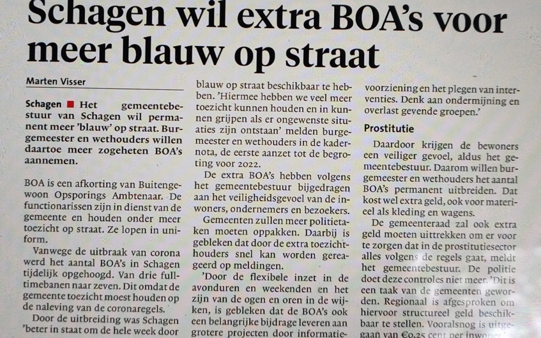 Schagen wil extra BOA’s voor meer blauw op straat.